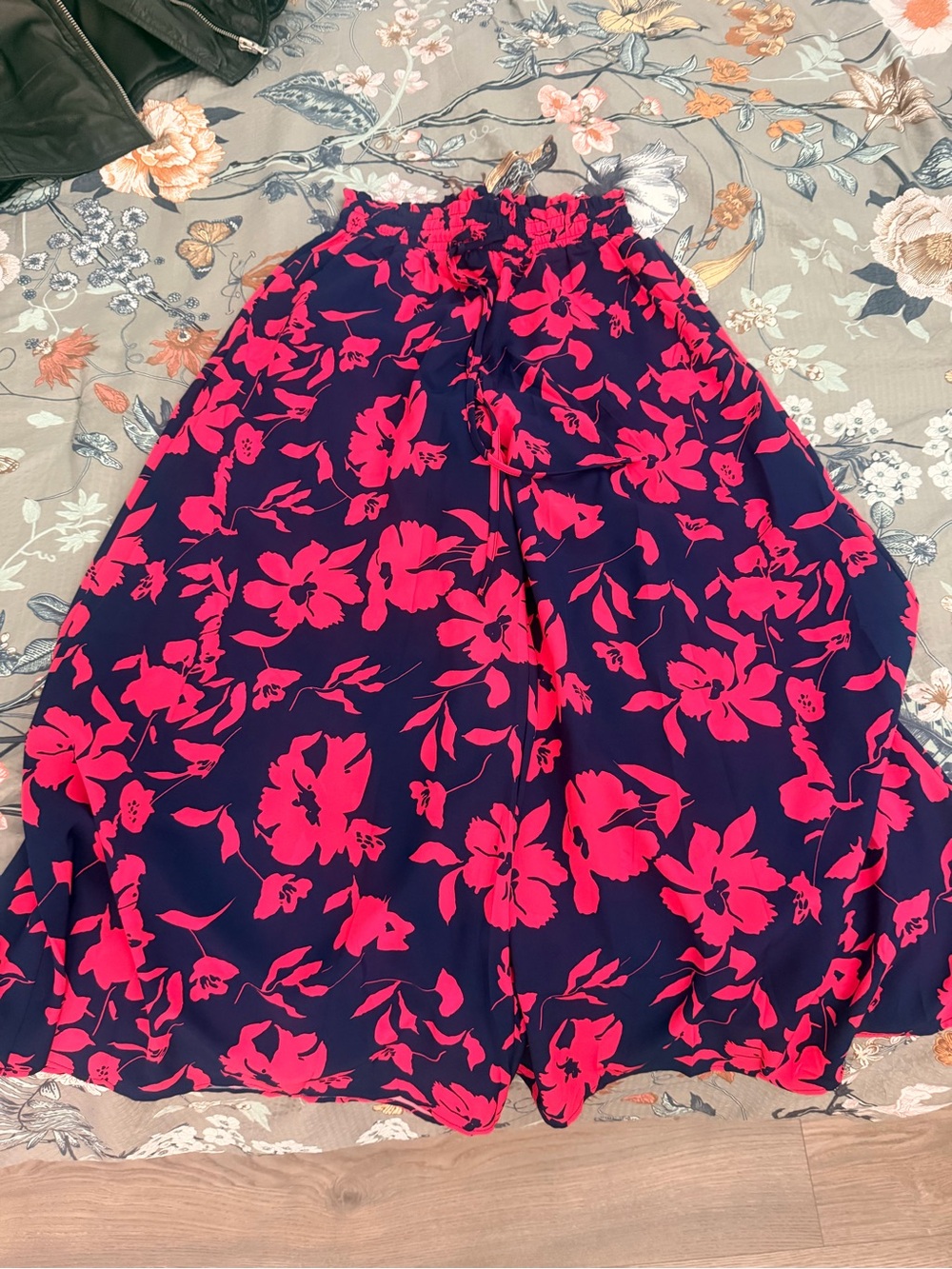 Navy Halter Floral flowy pants with Hot Pink Print elastic waist